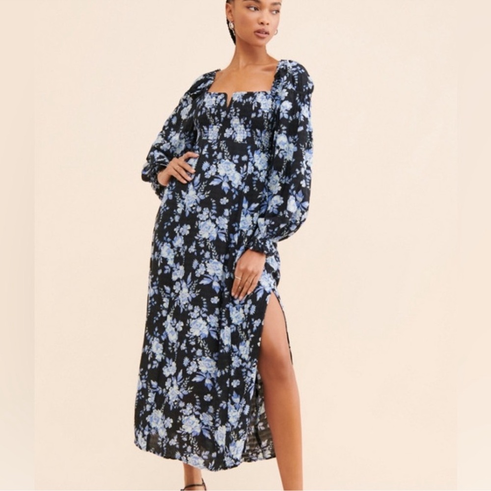Free People Jaymes Black Floral Long Sleeve Midi Dress with Blue Flowers